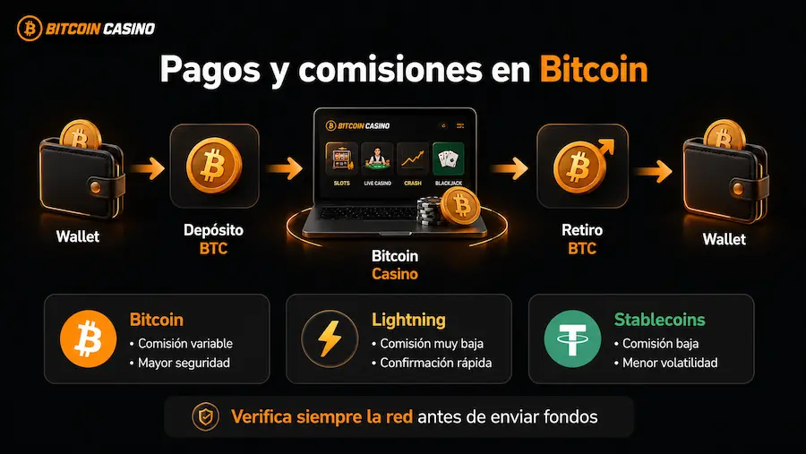 Pagos y comisiones en Bitcoin casino con BTC y Lightning Network